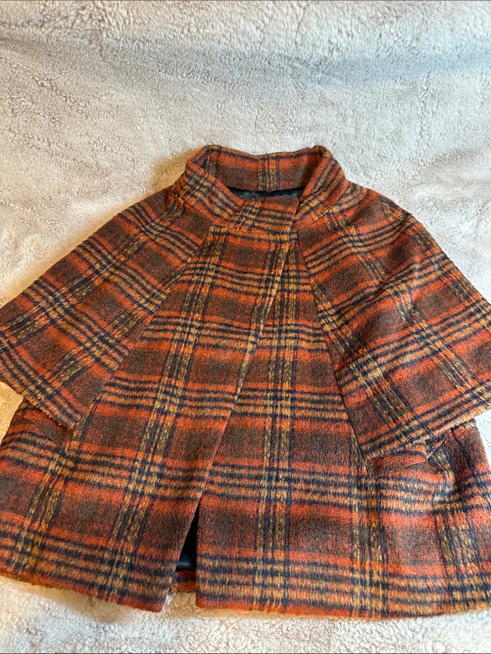 Anthropologie Orange Plaid Wool-Blend Cape Coat